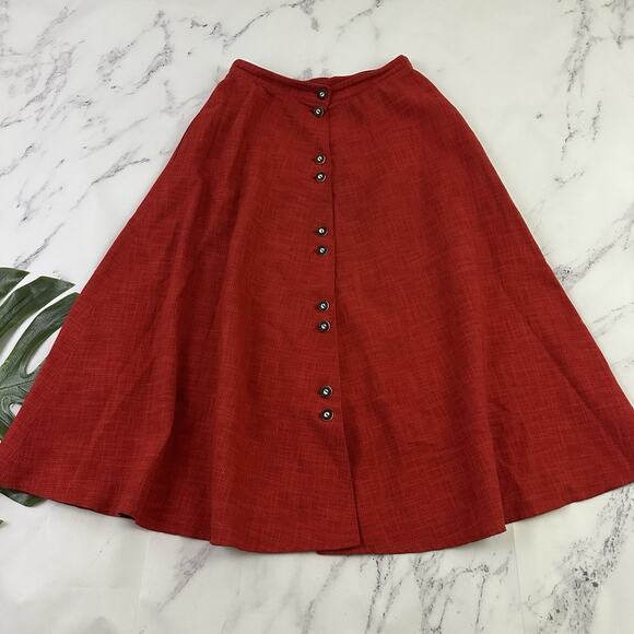 Vintage 80s Womens A-Line Skirt Size 40 M Red Linen Blend Button Front Pockets - Picture 1 of 12